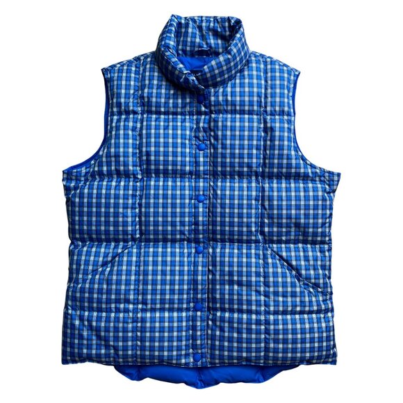 Lands End Tartan Plaid Down Puffer Vest Blue Quilted Outdoor Cabin Gorpcore-M - Picture 1 of 10